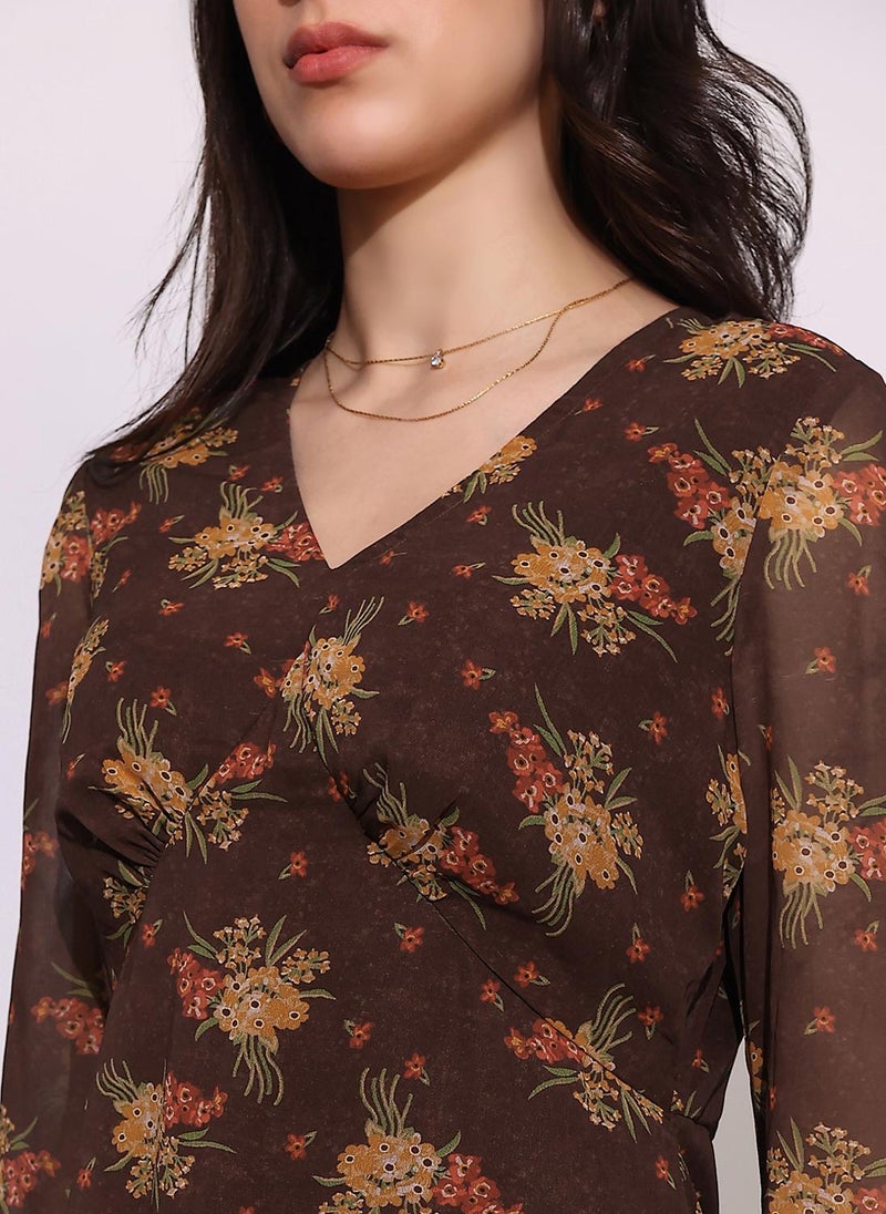 Globus Women Brown V-Neck Bell Sleeves Floral Print Georgette Midi A-Line Dress - Image 5